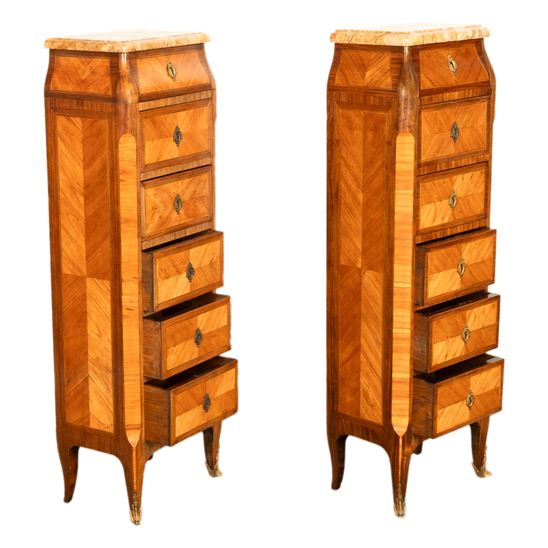 Antique Pair French Louis XV Chiffonier Marble & Kingwood Tall Lingerie Chests Circa 1880