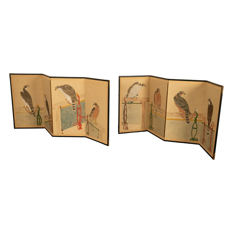 Pair Antique Japanese Edo Falcon Hawk Birds of Prey Takagari Screens 1880