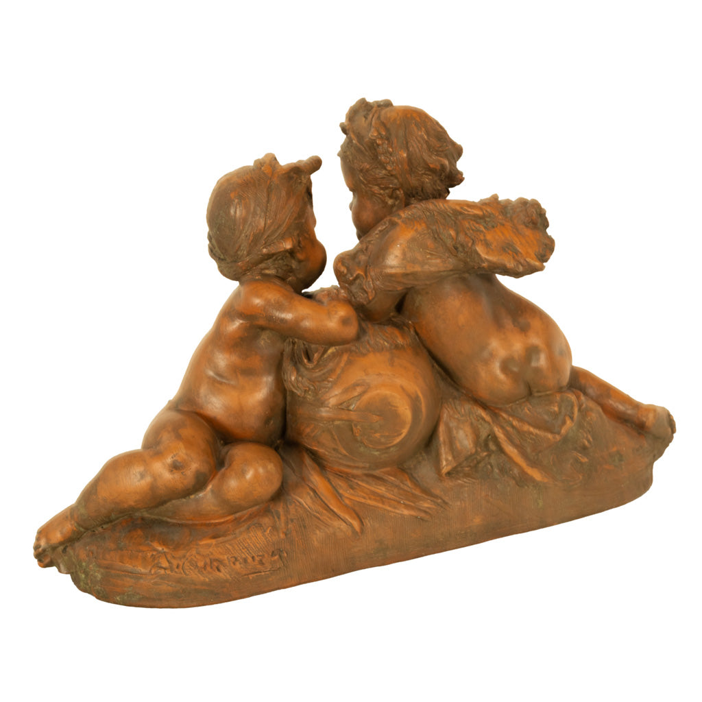 Antique 19thC French Naturalism Terracotta Sculpture "La Source" Putti Sculpture by Albert-Ernest Carrier-Belleuse,1864