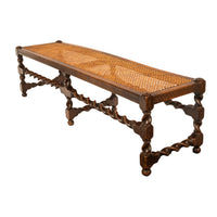Antique English Jacobean Carved Walnut Barley Twist Caned Long Bench Seat 1880