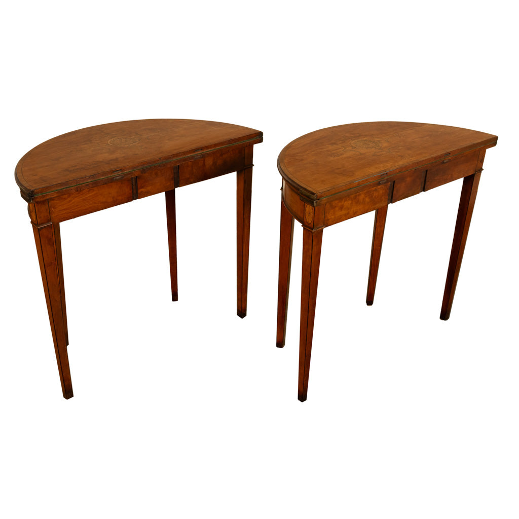 Antique Pair of Georgian Demi-lune Inlaid Mahogany & Stainwood Card Tables 1780 Ex-Christies