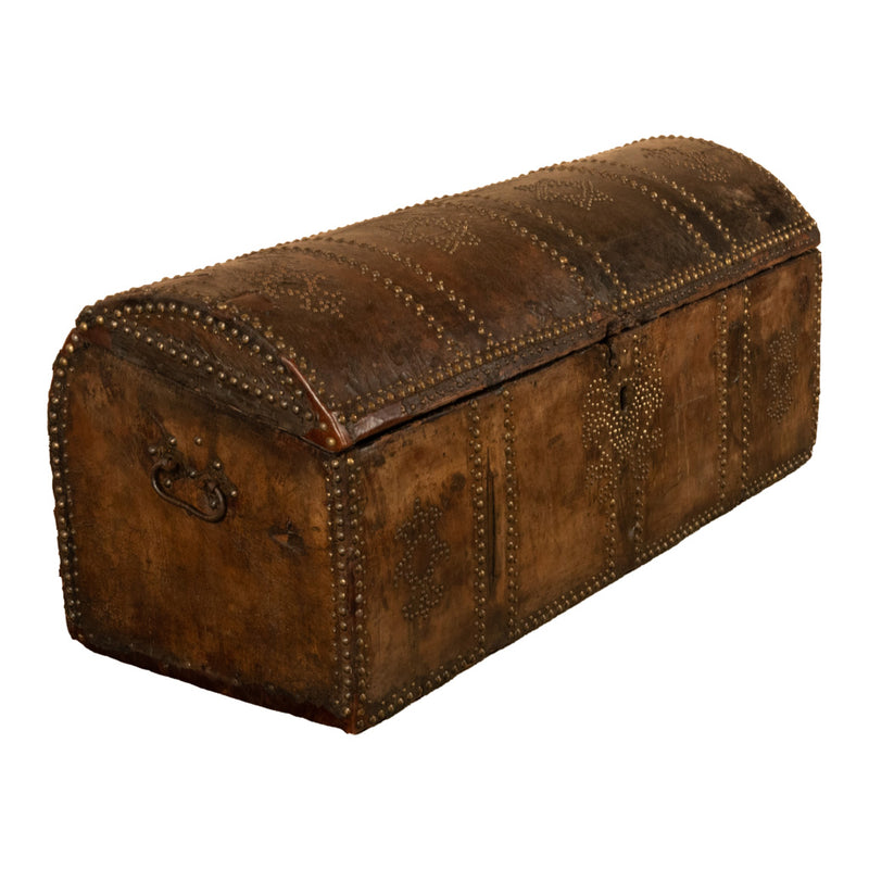 Antique 17th Century Italian Leather and Pine & Brass Stud Work Carriage Chest Trunk 1680