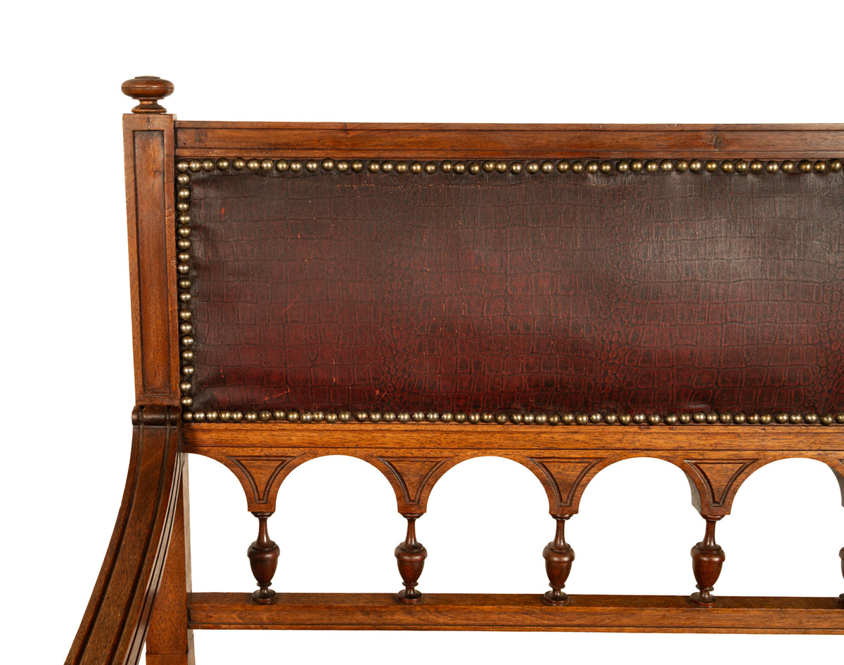 Antique Renaissance Revival Carved Walnut & Leather Hall Window Bench Italy 1880