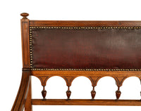 Antique Renaissance Revival Carved Walnut & Leather Hall Window Bench Italy 1880