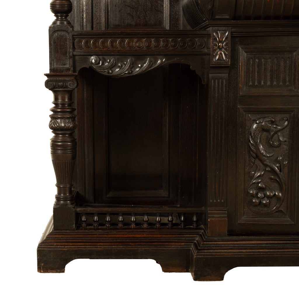 Antique Monumental Renaissance Revival Carved Oak Hall Tree Stand Mirror 1890