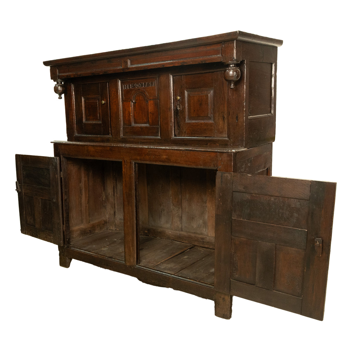 Antique Early 18th Century Welsh English Deuddarn Carved Oak Court Cupboard 1737