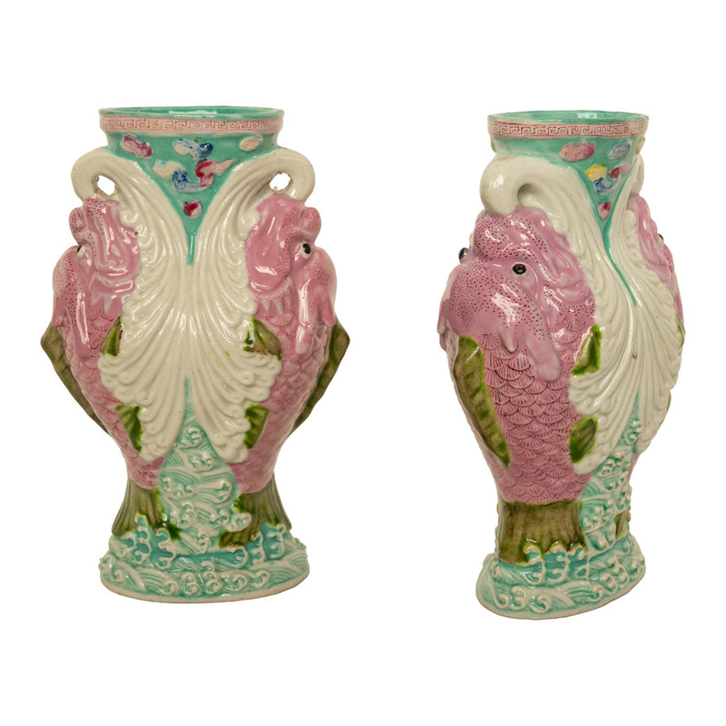 Pair Antique Chinese Qing Dynasty Wucai Glaze Porcelain Double Dragon Fish Vases, 1890