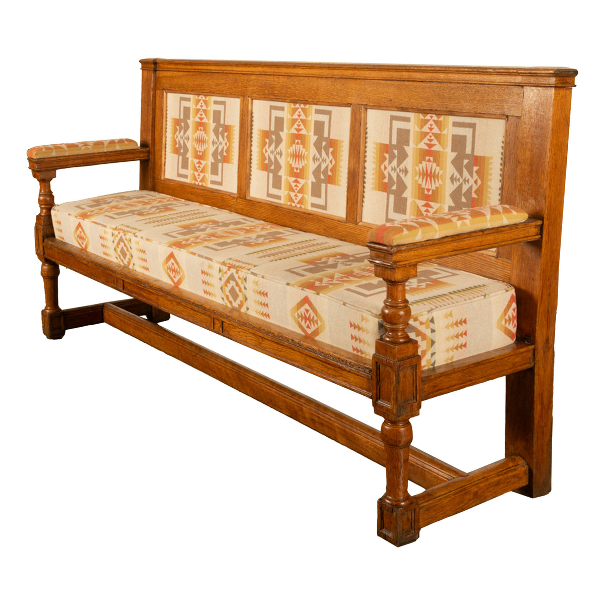 Antique 19th Century French Oak Bench Pew Pendleton Chief Joseph Fabric 1880