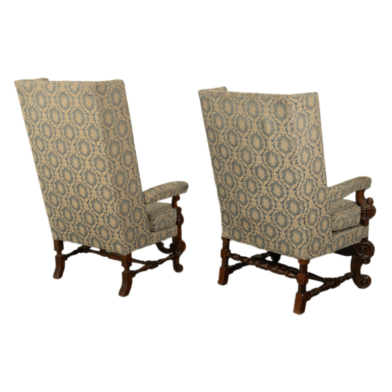 Pair 17th Century Style Carolean Carved Walnut Throne Wing Back Armchairs 1860