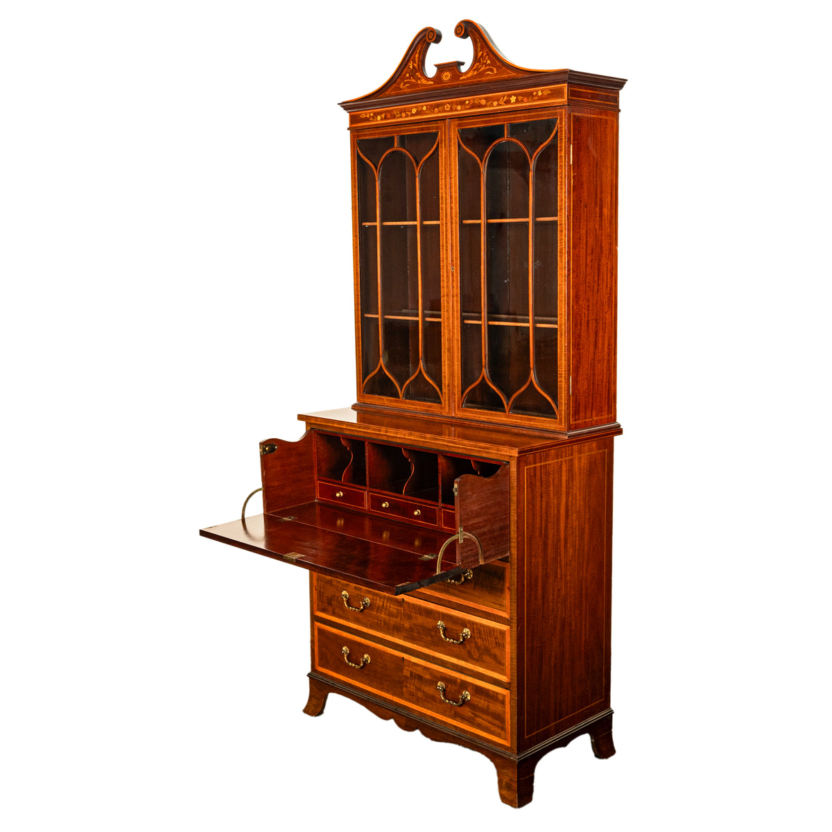 Antique Georgian Sheraton Marquetry Mahogany Bureau Bookcase Butler's Secretary Circa 1810