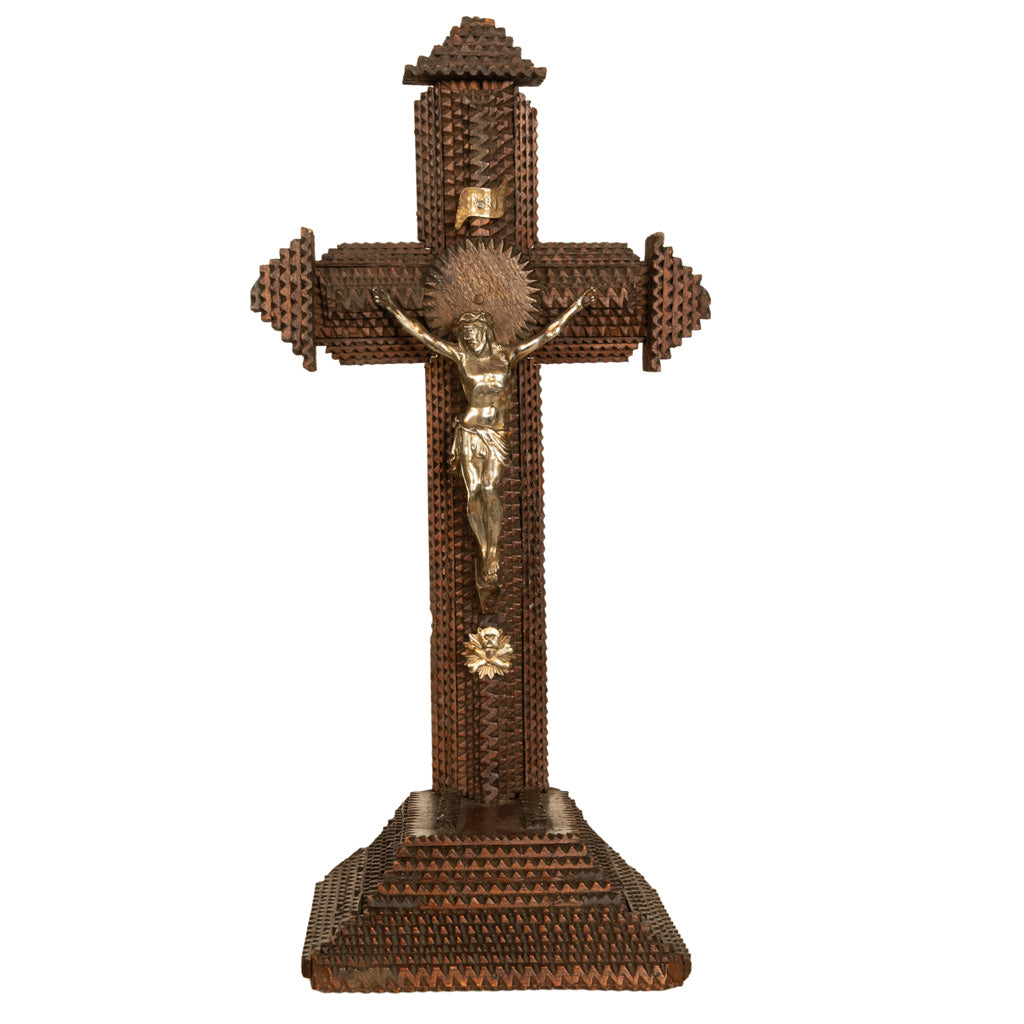 Antique American Tramp Art Carved Wood Crucifix John Zadora Pennsylvania 1900