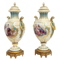 Pair Antique French Sevres Handpainted Gilded Ormolu Porcelain Urns signed 1890