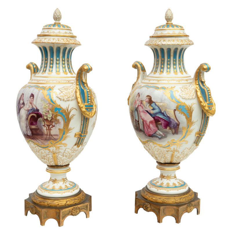 Pair Antique French Sevres Handpainted Gilded Ormolu Porcelain Urns signed 1890