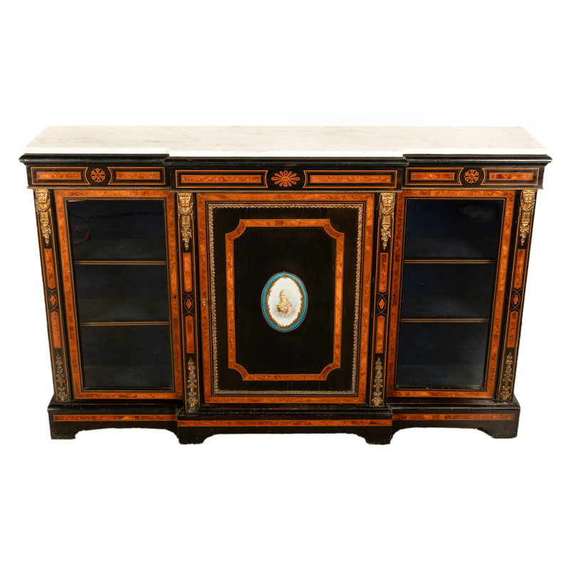 Antique French Napoleon III Ebony Ormolu Marble Sevres Porcelain Inlaid Credenza Cabinet 1860