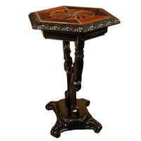 Antique Ceylonese Carved Rosewood Ebony Ivory Silver Specimen Inlaid Table 1850