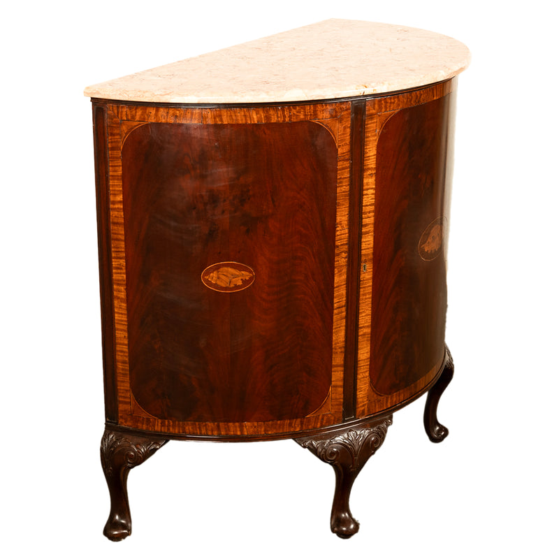 Antique Mahogany Marble Top Demi-Lune Marquetry Inlaid Drinks Cabinet or Server, Circa 1900