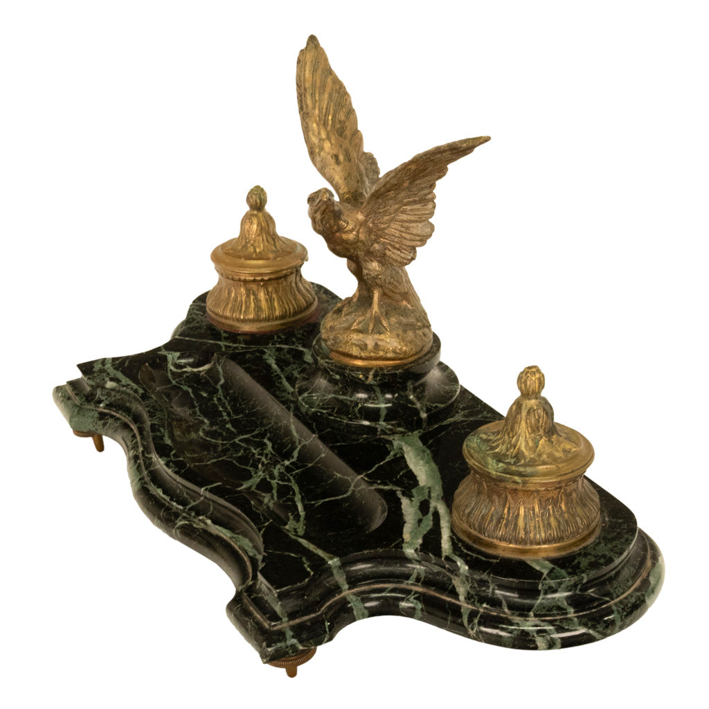 Antique 19thC French Empire Gilt Bronze Marble Eagle Desk Set Twin Inkwell 1880