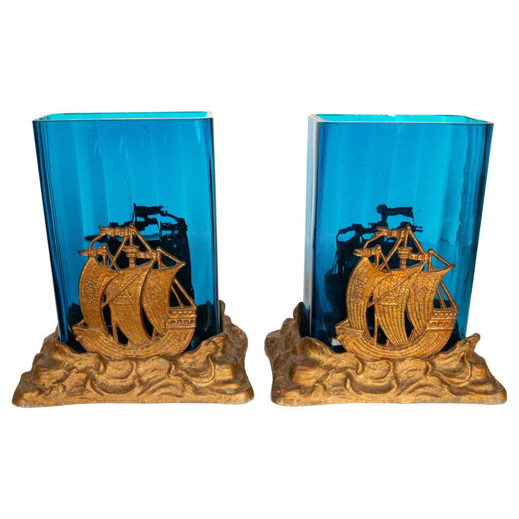 Antique American Art Deco Brass Glass Vases Ship Bookends Bradley & Hubbard 1925