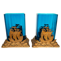 Antique American Art Deco Brass Glass Vases Ship Bookends Bradley & Hubbard 1925