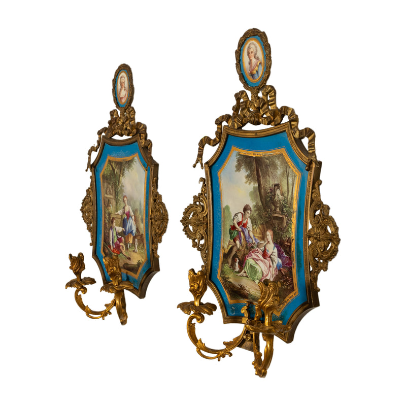 Pair Antique French Sevres Porcelain Portrait Miniatures Ormolu Wall Sconces Candle Lights 1880