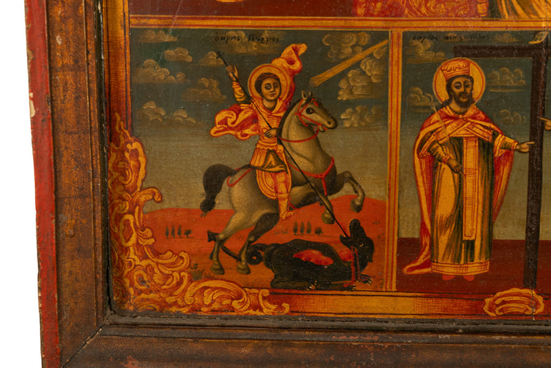 Antique 19th C Greek Orthodox Icon Virgin Mary & Jesus St. George & Dragon 1800
