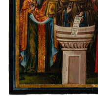 Antique Greek Eastern Orthodox Religious Painted Icon Egg Tempera 3 Saints 1780