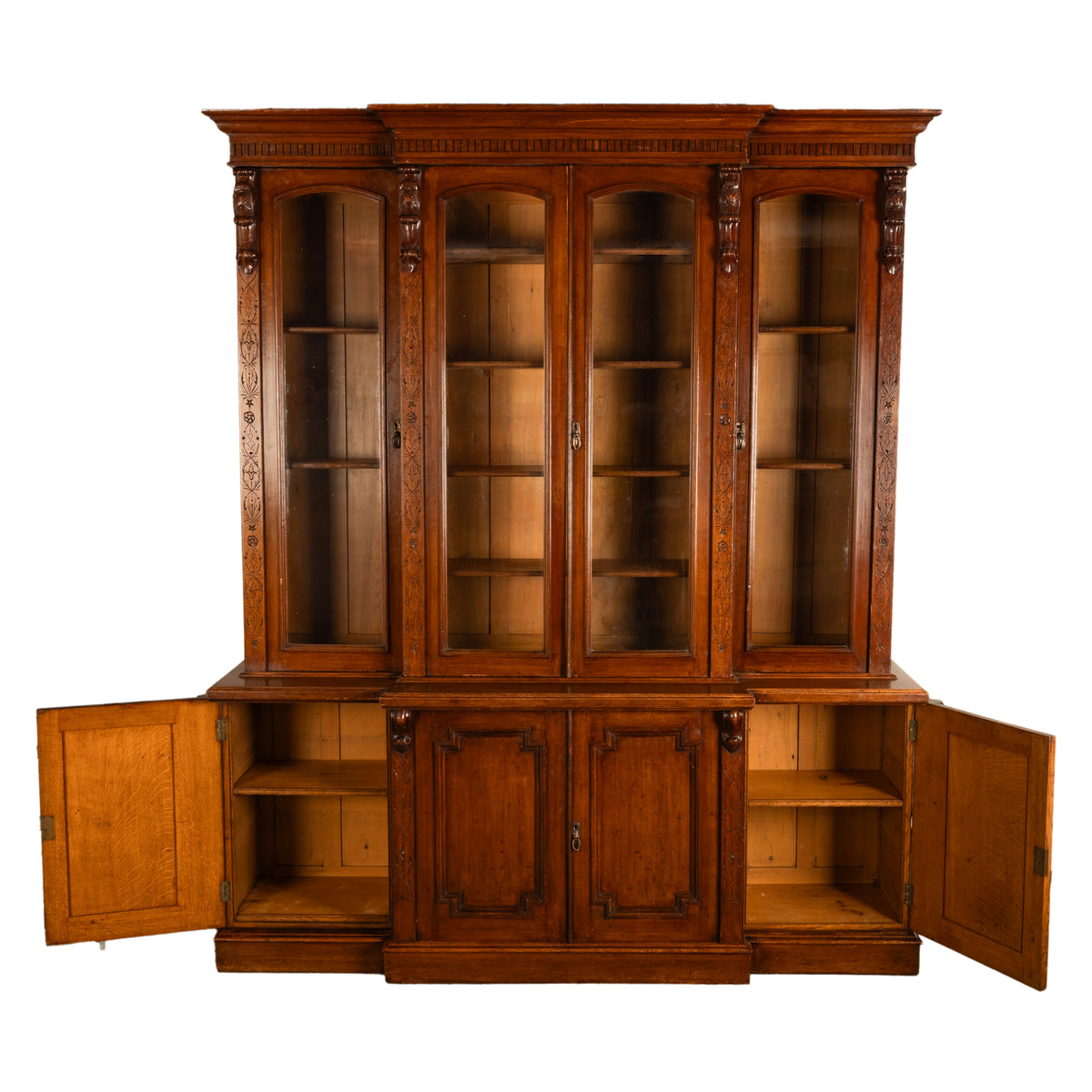 Antique Monumental Irish Carved Oak Breakfront Bookcase Library Bibliotheque circa 1860