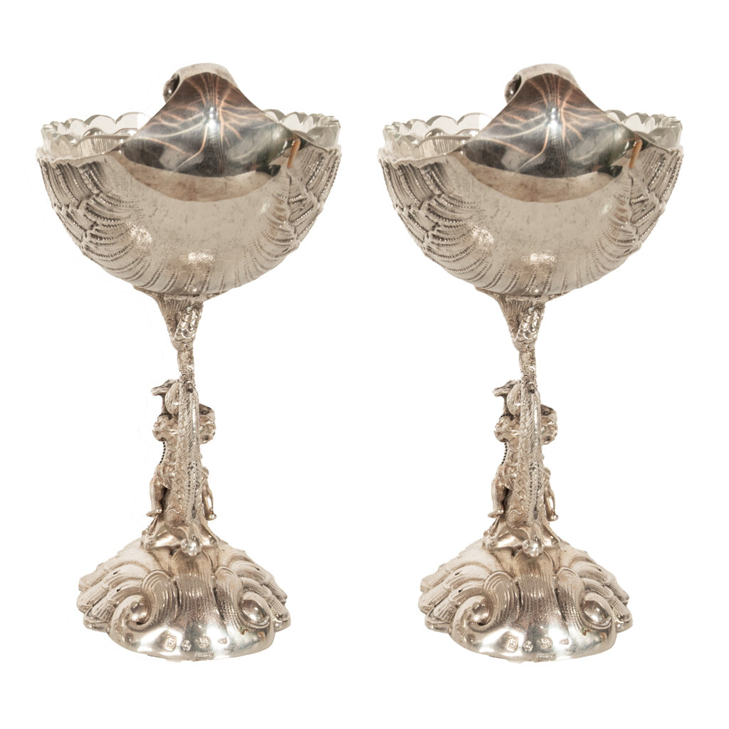 Antique Pair German Silver Master Salts Grotto Shells Putti Dolphins Hannau 1890