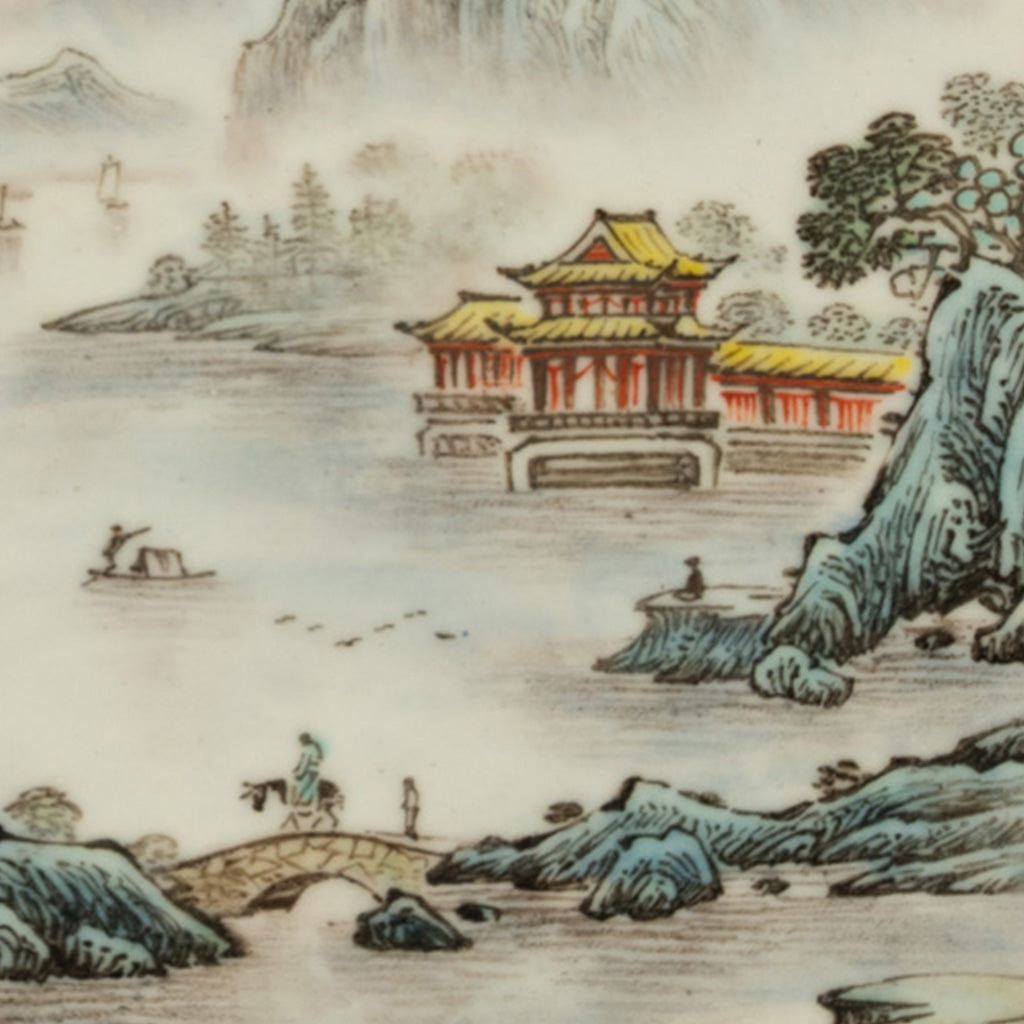 Pair Antique Chinese Republic Period Hand Painted Porcelain Hongmu Plaques 1920