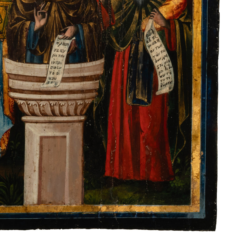Antique Greek Eastern Orthodox Religious Painted Icon Egg Tempera 3 Saints 1780