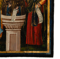 Antique Greek Eastern Orthodox Religious Painted Icon Egg Tempera 3 Saints 1780