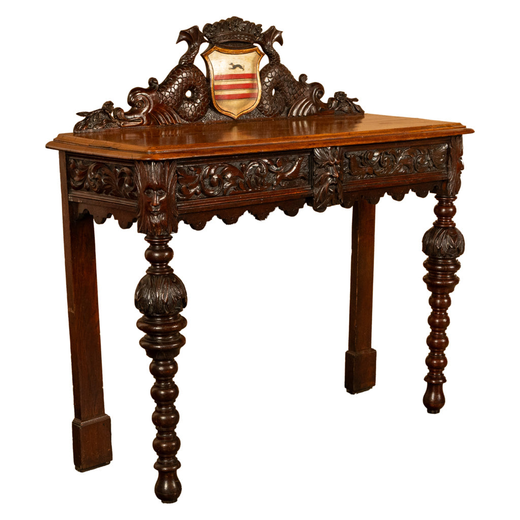 Antique Carved Oak Hall Table Skipworth Family Painted Royal Coat of Arms 1860