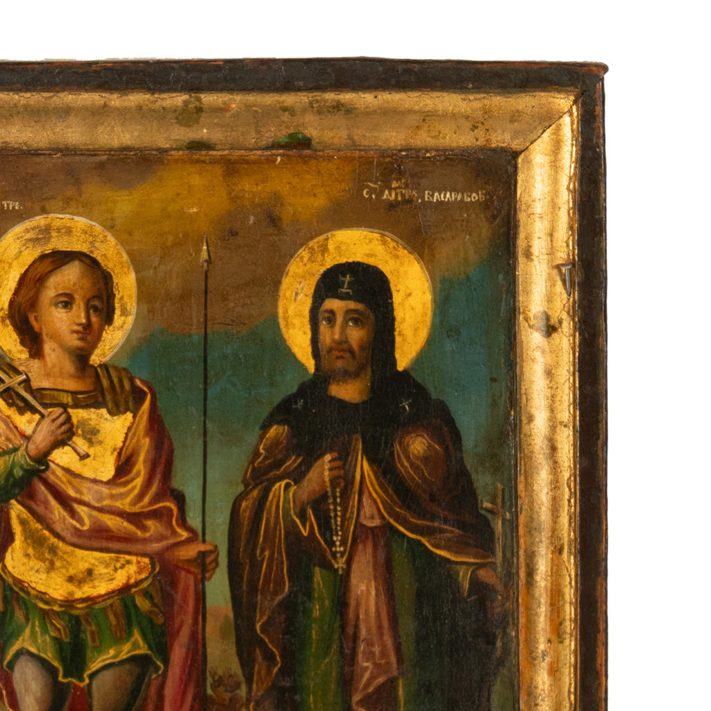 Antique Greek Orthodox Gilded Hand-painted Egg Tempera Double Sided Icon, 1850