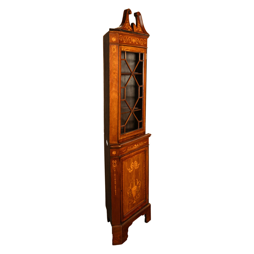 Antique Edwardian Regency Revival Inlaid Marquetry Mahogany Corner Cabinet 1890