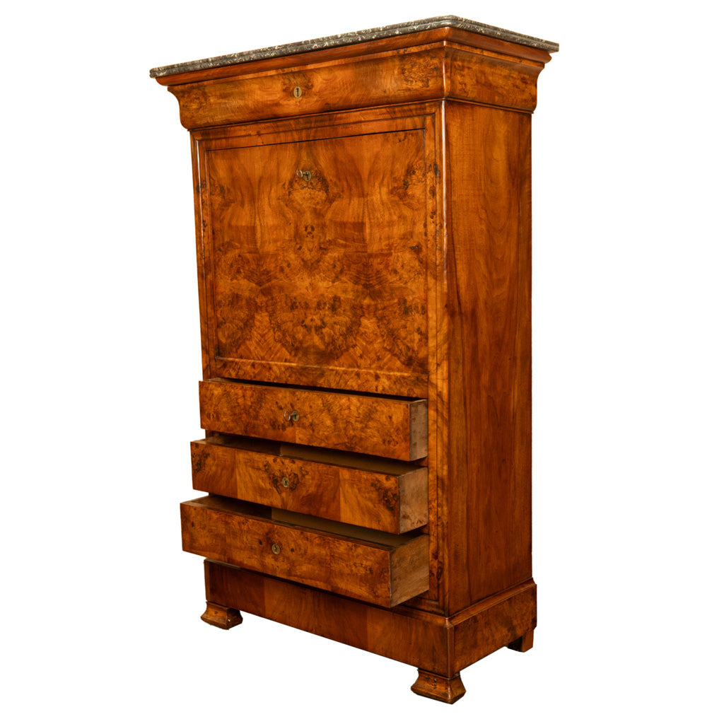 Antique French Louis Philippe Burr Walnut Secrétaire à Abattant Desk Chest 1840