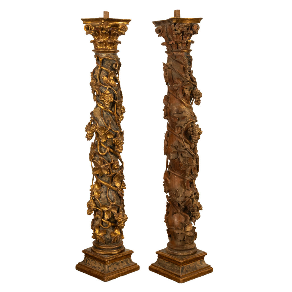 Antique Pair 17th Century Baroque Carved & Gilded Solomonic Columns Italy 1680