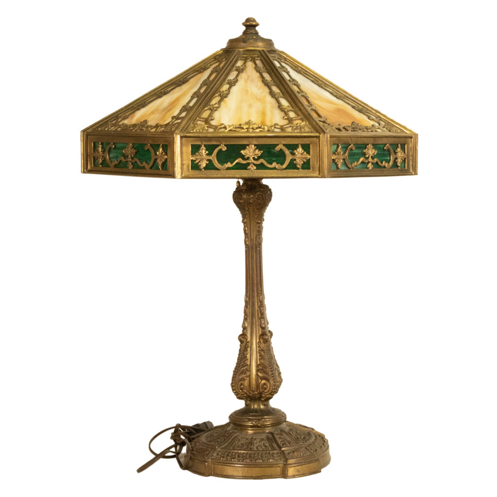 Antique American Arts & Crafts 3 Light Slag Glass Table Lamp by Miller Co. 1910