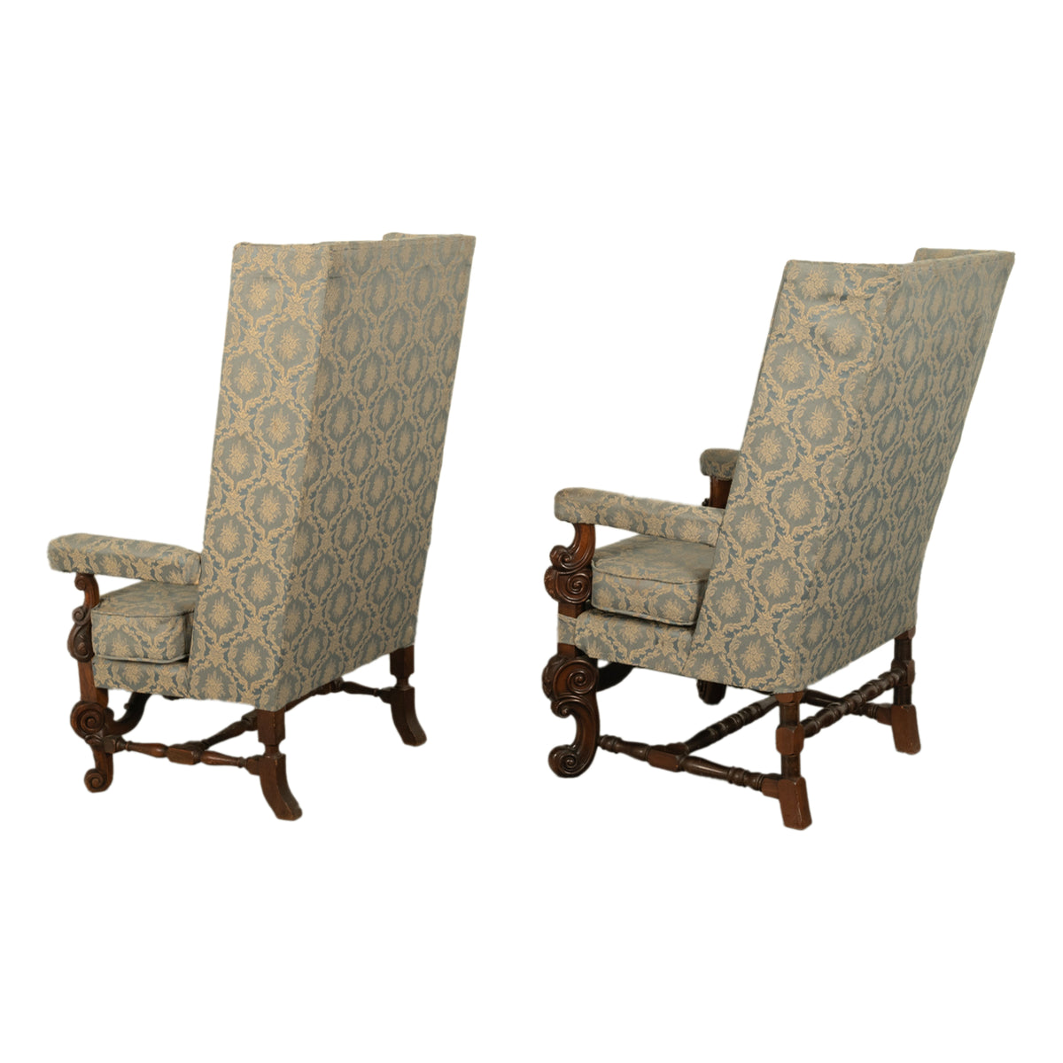 Pair 17th Century Style Carolean Carved Walnut Throne Wing Back Armchairs 1860