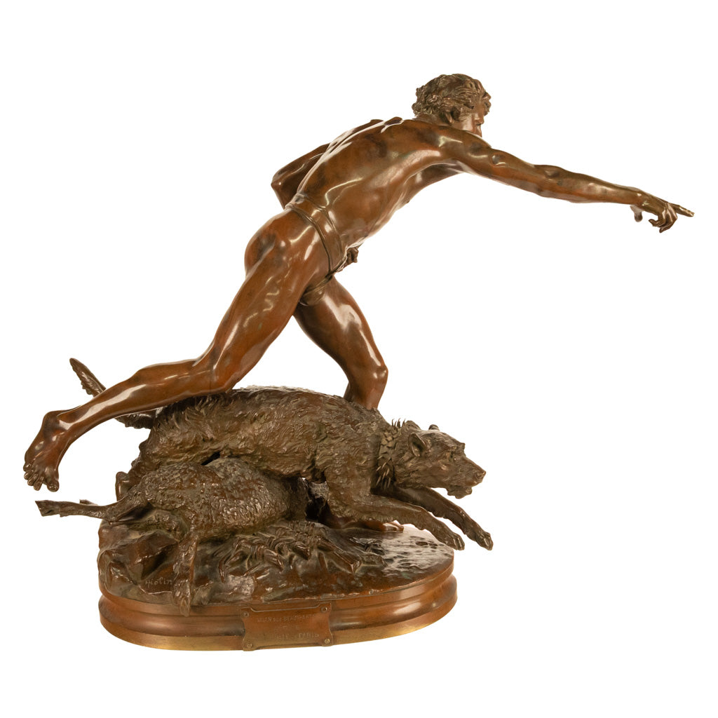 Monumental French Figurative Bronze Statue 'Au Loup' Shepherd Dog Sheep Hunting by Louis-Auguste Hiolin, 1874