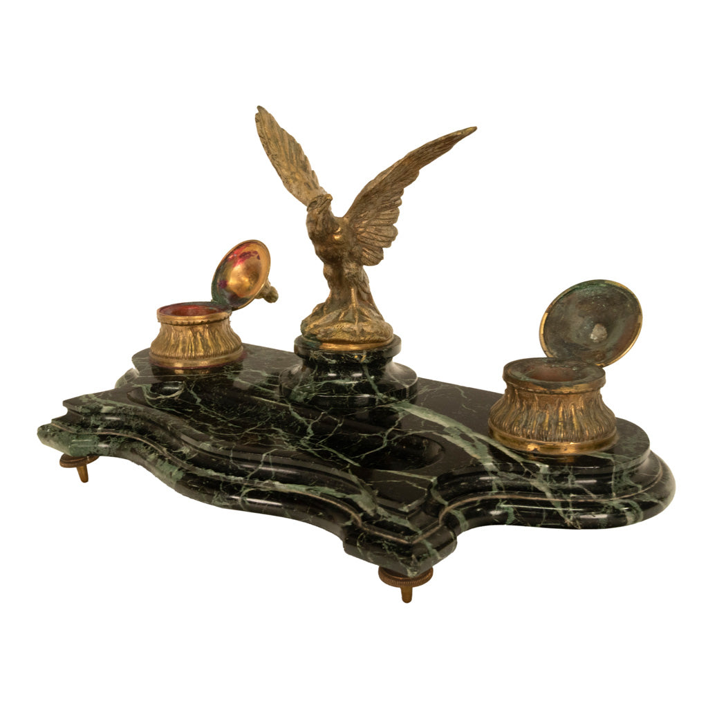 Antique 19thC French Empire Gilt Bronze Marble Eagle Desk Set Twin Inkwell 1880