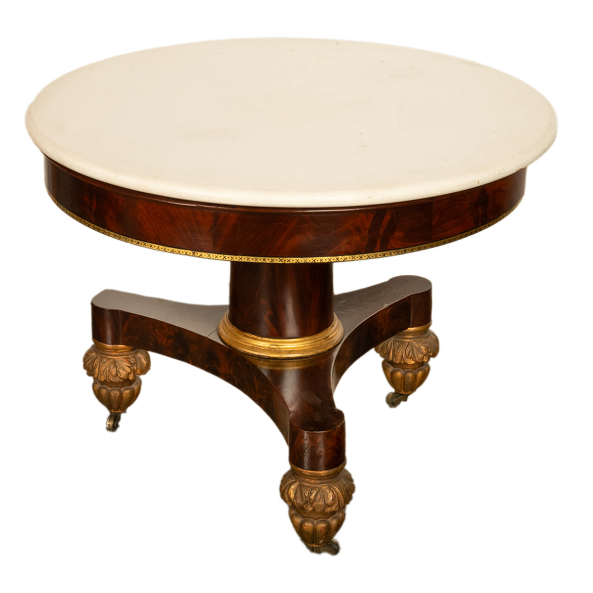 Antique American Classical Mahogany Marble Top Parcel Gilt Round Center Table New York Duncan Phyfe 1825