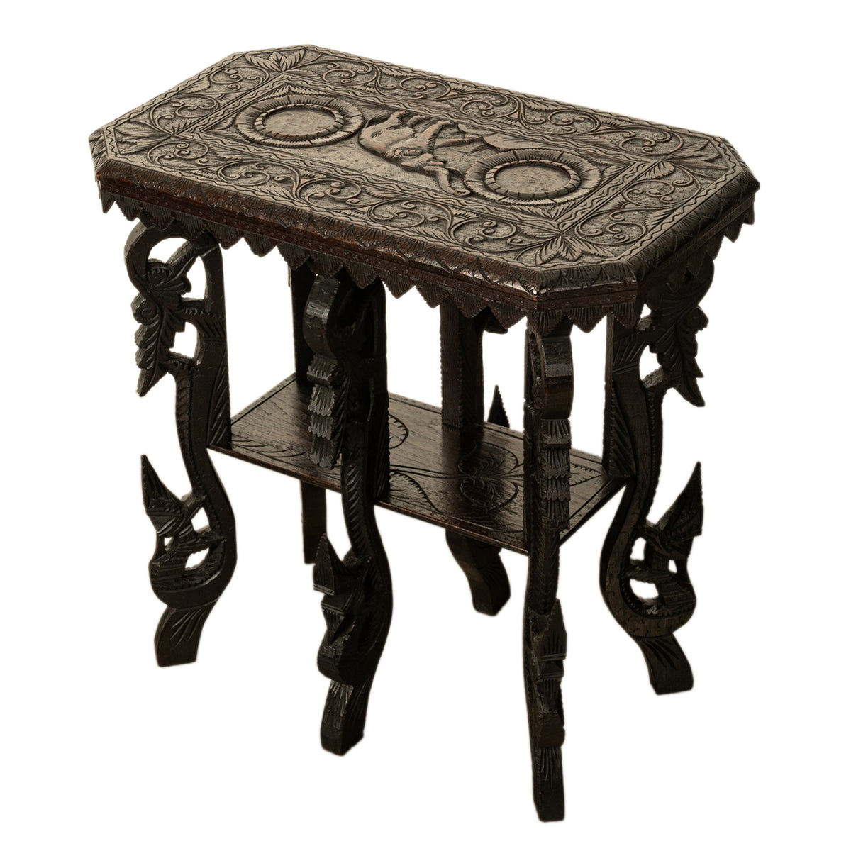 Antique Carved Anglo Indian Teak Wood Elephant Twin Tier Lamp Side Table 1900