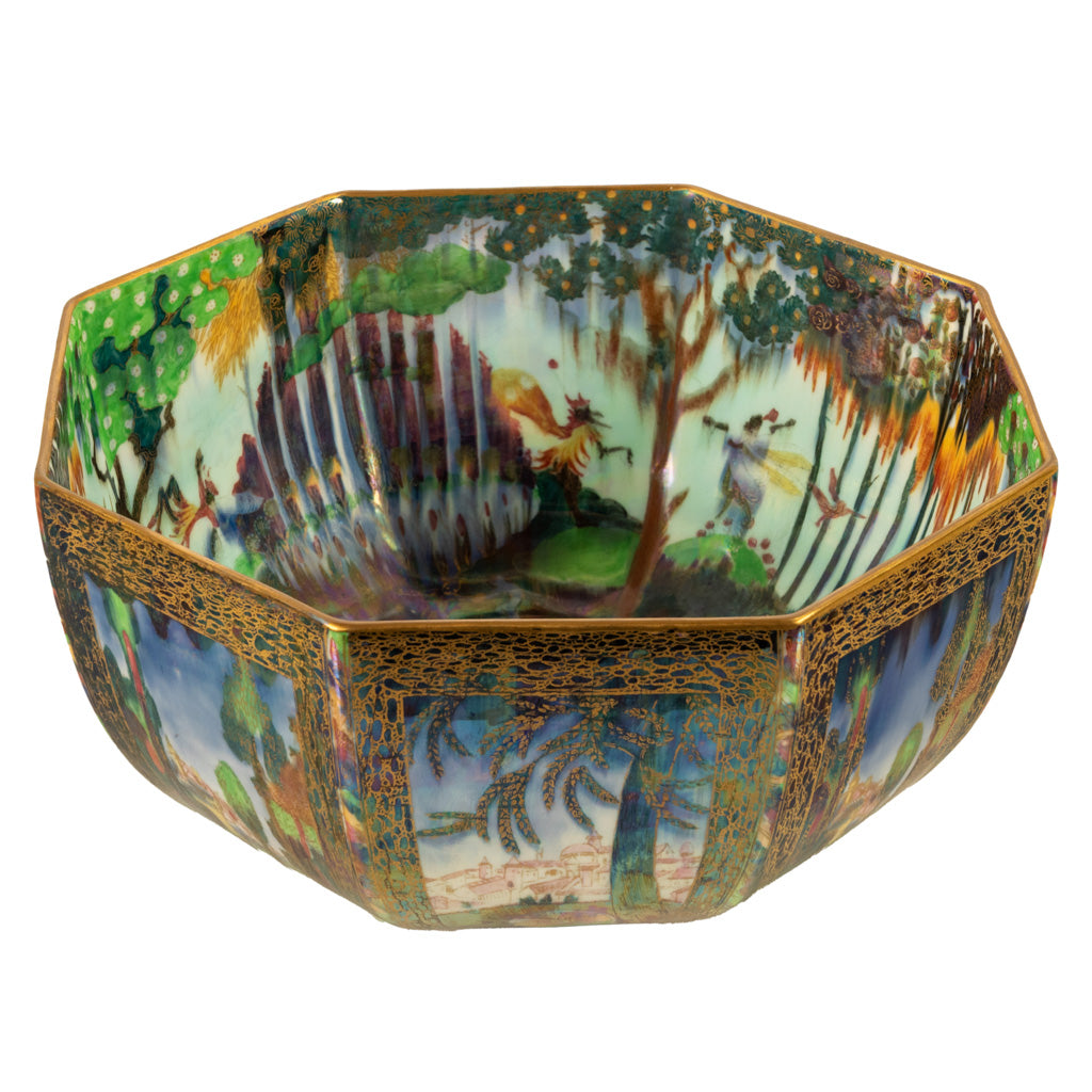 Large Wedgwood Fairyland Lustre Potrcelain Bowl Elves Boxing Match & Castle on a Road 1920