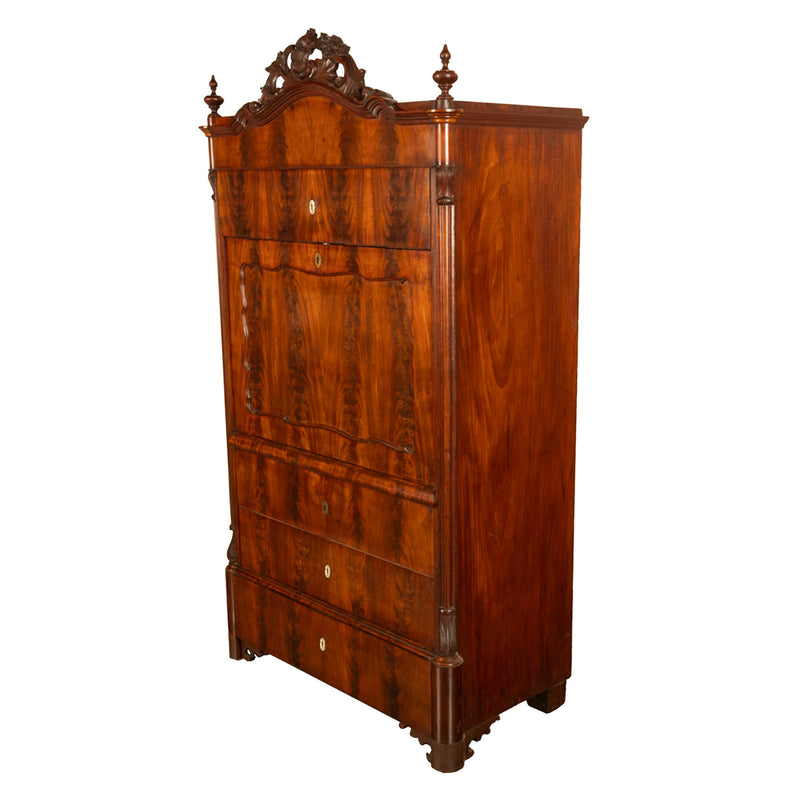 Antique Austrian Mahogany Maple Inlaid Biedermeier Secretary Chest Cabinet 1850