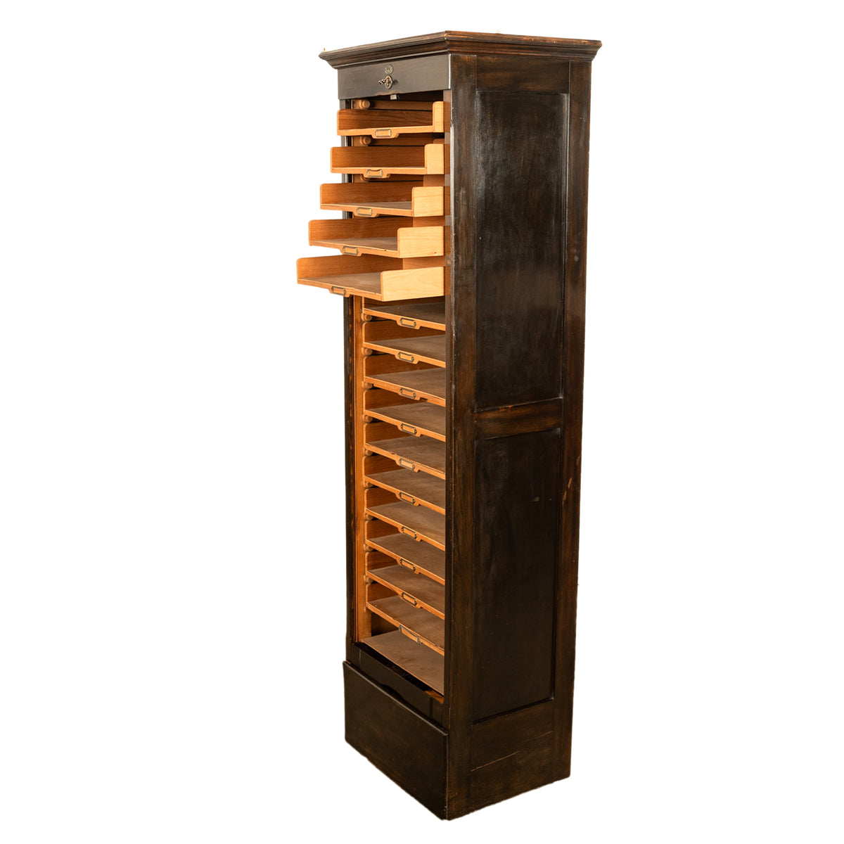 Antique Tall Spanish Walnut Tambor Roll Down Filing Cabinet "Muebles Rex" Madrid Circa 1910