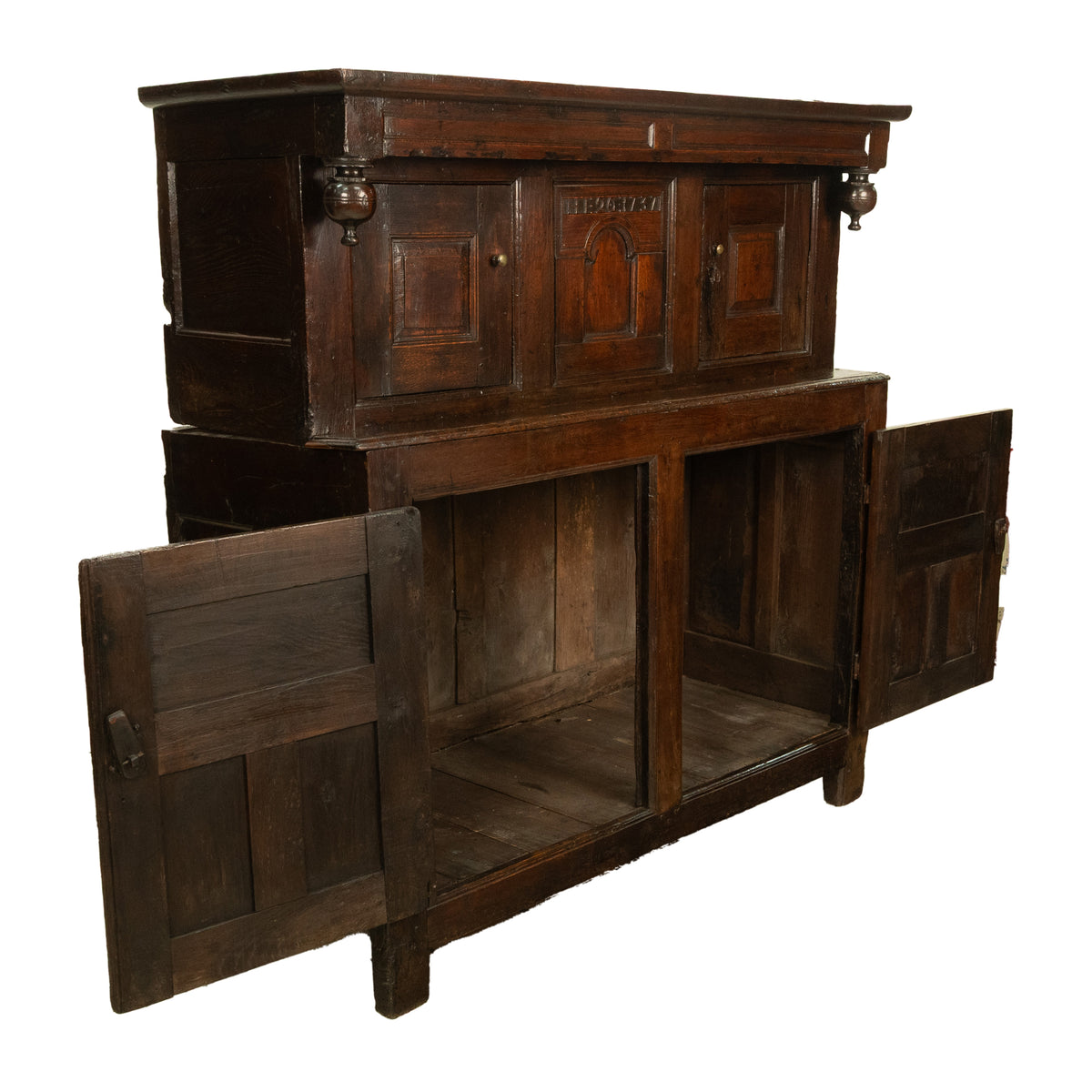 Antique Early 18th Century Welsh English Deuddarn Carved Oak Court Cupboard 1737