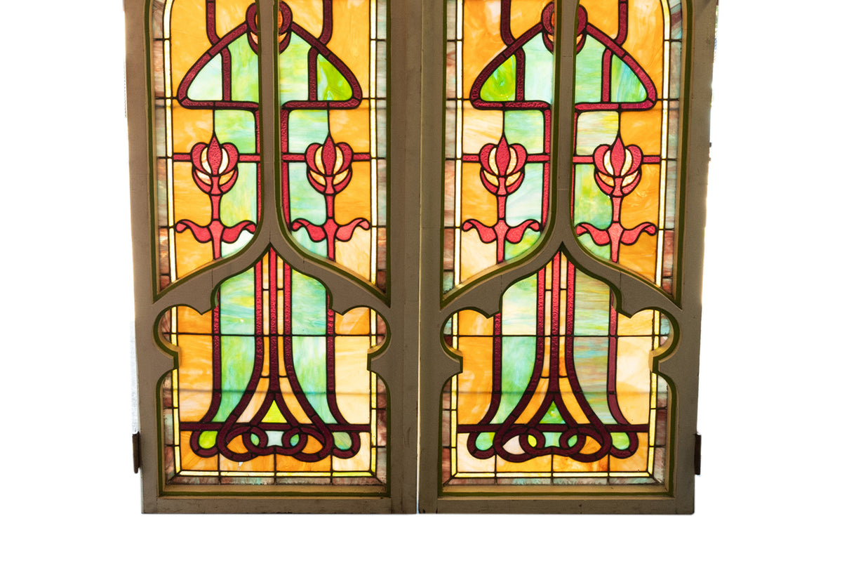 Pair Antique American Stained Glass Gothic Art Nouveau Doors Windows Povey Bros Circa 1900