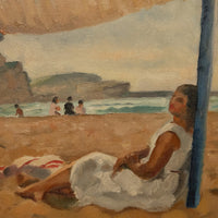 French Oil on Canvas Post Impressionist Portrait Painting Beach Sea Scene Spain by Charles Picart le Doux, 1933