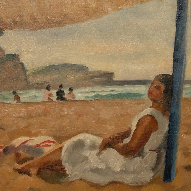 French Oil on Canvas Post Impressionist Portrait Painting Beach Sea Scene Spain by Charles Picart le Doux, 1933