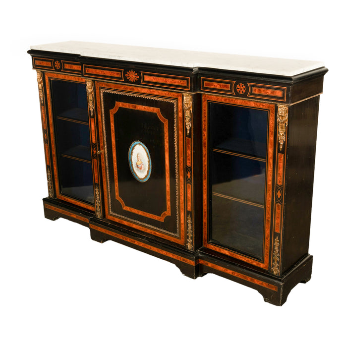 Antique French Napoleon III Ebony Ormolu Marble Sevres Porcelain Inlaid Credenza Cabinet 1860